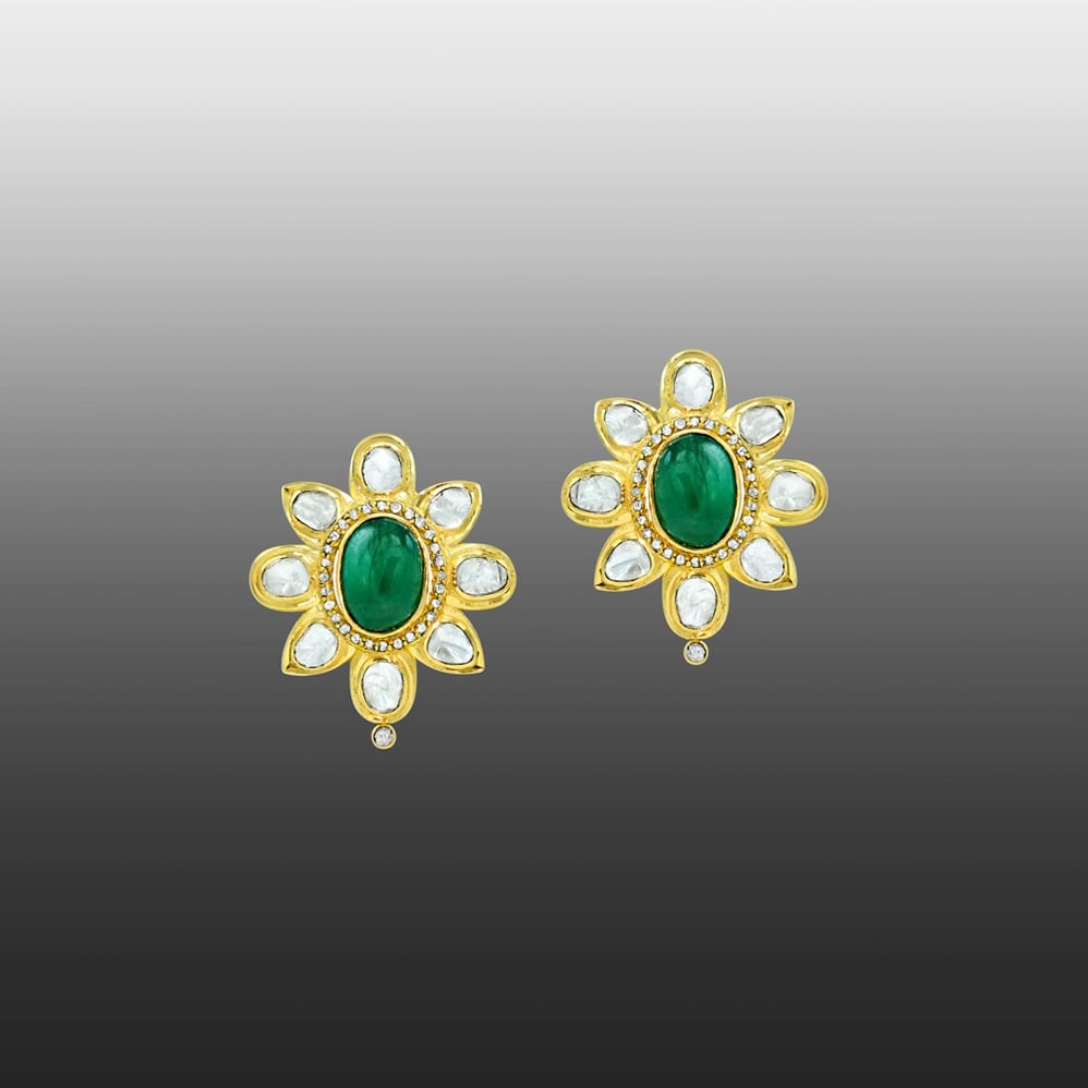 Gold Floral Studs with Emerald Cabochons and Polki Petals